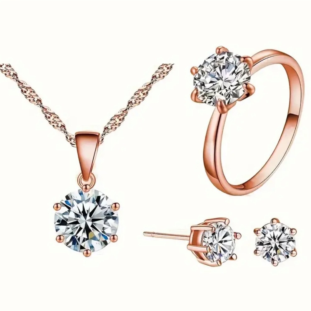 NEW Minimalistic Simple Style Rose Gold Diamond Set of Necklace Ring Earrings